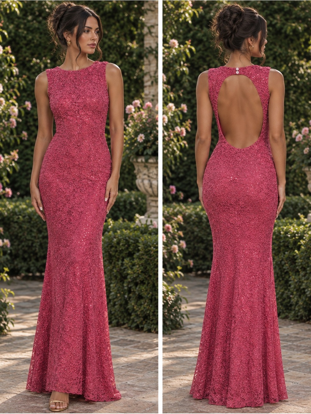 Elegant Open-Back Lace Evening Gown in Rose